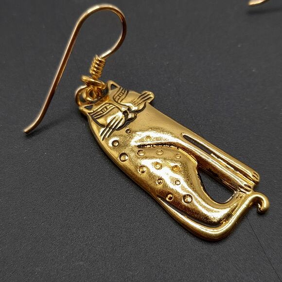 Laurel Burch Siamese Cat Earrings Gold Plated Vintage 1980s Signed Dangle - Picture 3 of 10